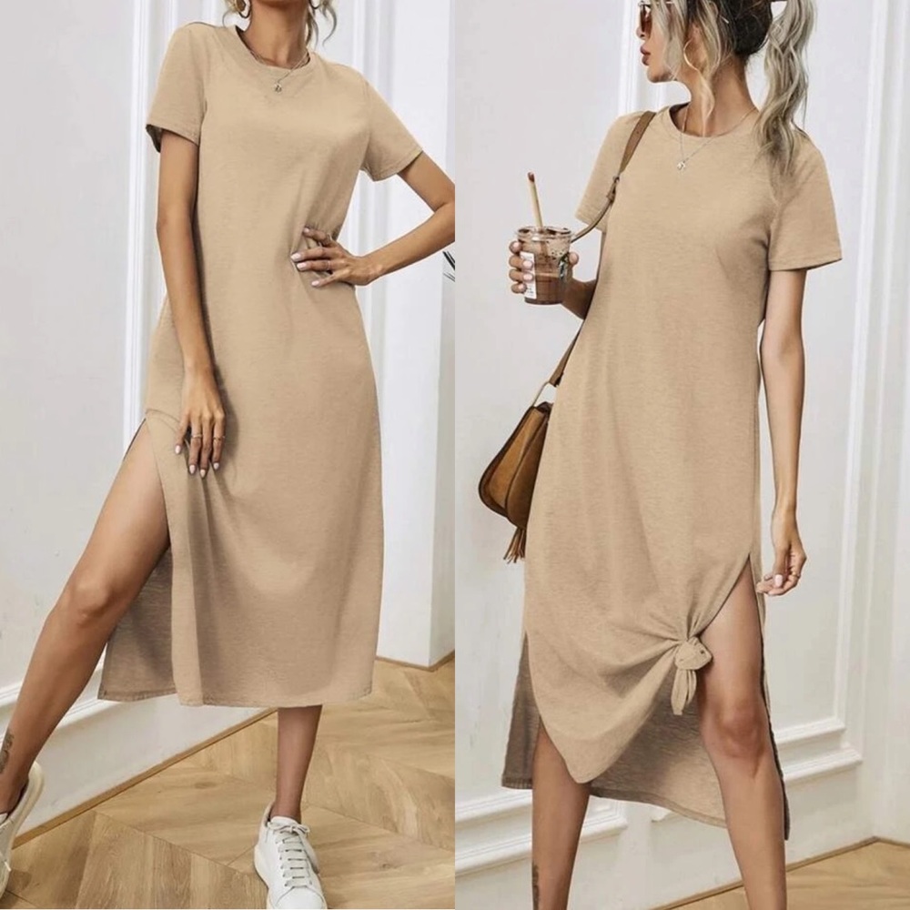 Minimalist midi tee shirt dress slit short sleeve - Picture 3 of 6